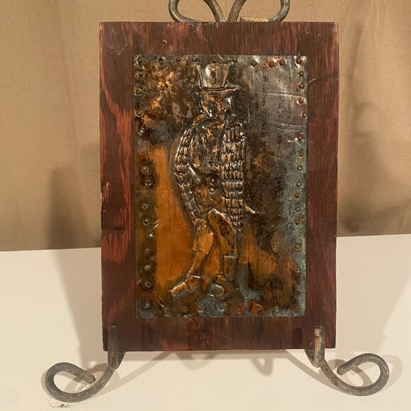 Vintage Handmade Hammered Copper &‎ Wood Wall Art | Penguin in Suit | 10"x7" - Picture 1 of 4